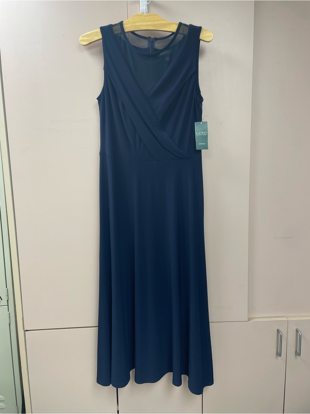 Lauren Ralph Lauren Navy Blue Surplice Mesh Midi Dress Size 6 NWT